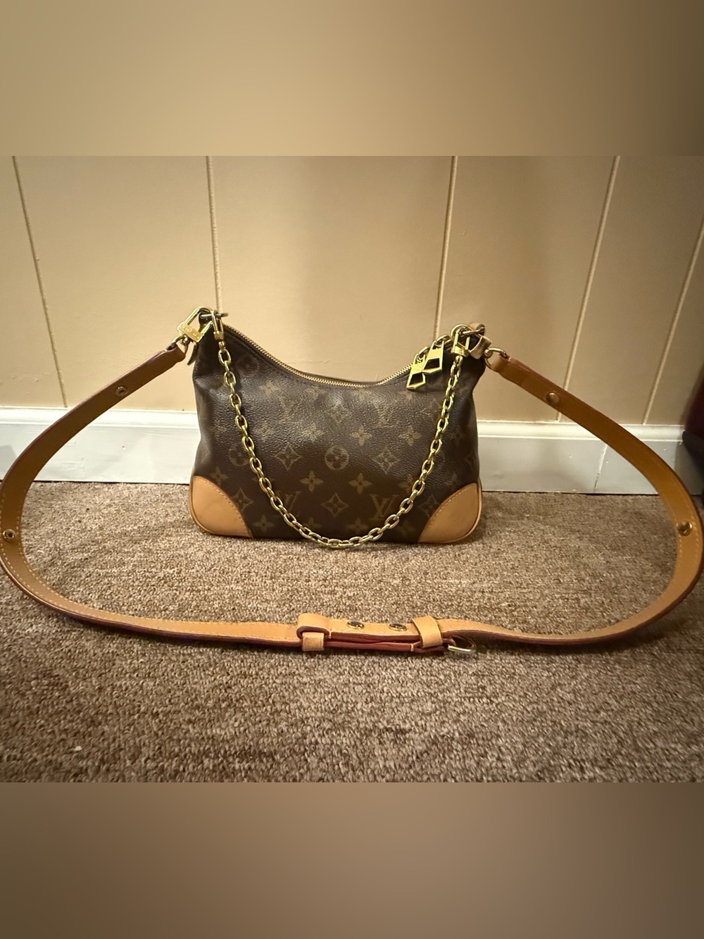 Louis Vuitton Brown Monogram Shoulder Bag with Tan Trim and Gold Chain